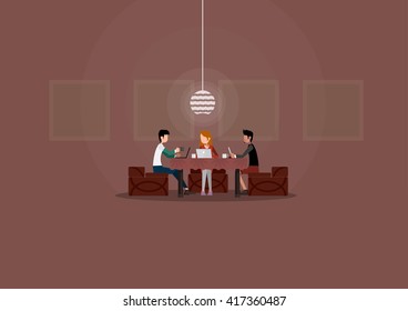 Coffee shop working meeting.
Vector with transparency organized in layers for easy editing.