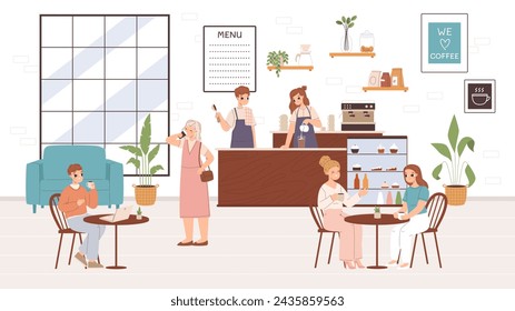 Coffee shop. Young adults drinking hot drinks in cafe. Barista making cappuccino, hot chocolate or cocoa with milk. Happy girls and guys snugly vector scene