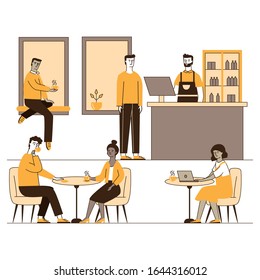 Coffee shop with young people characters dinning in coffeehouse vector illustration. Cafe with men and women drinking coffee and working together. Coworking and collaboration concept.