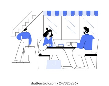 Coffee shop zone isolated cartoon vector illustrations. Happy couple drinking coffee in supermarket and talking, grocery store cafeteria zone, trade business, smart shopping vector cartoon.