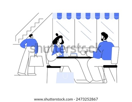 Coffee shop zone isolated cartoon vector illustrations. Happy couple drinking coffee in supermarket and talking, grocery store cafeteria zone, trade business, smart shopping vector cartoon.