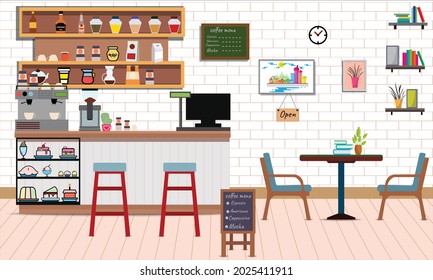 Coffee Shop.Empty Cafe Bar-Theke für Kaffee mit Bargeld und Menükarte.Süßes Desserts, Holztheke, Hocker, Sofas, Vector Coffee Shop und Cafe Konzept.