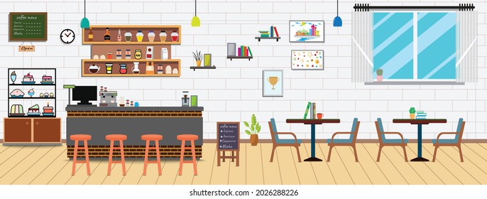 Coffee shop.Empty Cafe bar counter for serving coffee with cash box and menu board.sweet desserts,wooden counter, stools,sofas,Vector Coffee Shop and Cafe concept.