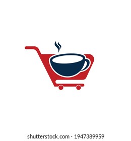 Coffee and shopping cart logo design template. Shopping cart logo design combined with coffee cups vector	