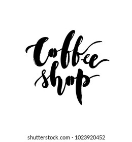 Coffee Shop.Vector illustration of coffee lettering for cafe. Logo for coffee company. Template of banner or poster for coffee shop or restaurant. Handwritten modern calligraphy made by brush. 