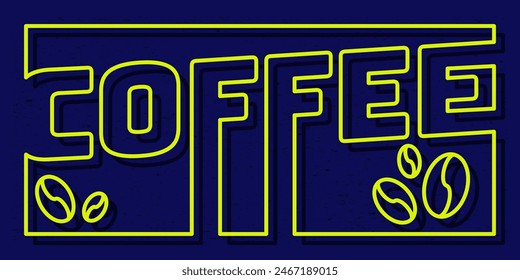 Coffee sign in neon effect style for cafe direction flat design in yellow and blue color. Vector typography illustration. Suitable for banner background.