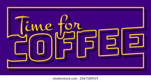 Coffee sign in neon effect style for cafe direction flat design in yellow and purple color. Vector typography illustration. Suitable for banner background.