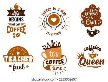 Coffee sign with quotes. Set of coffee symbols. Cafe emblem designs. Coffee badge.