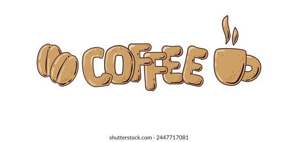 Coffee sign. Coffee text with cup and coffee beans. Hand drawn Coffee text. Logo for Bar, restaurant, shop, invitation, sticker, banner. Typography lettering phrase isolated on white background