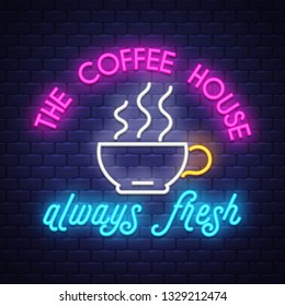 Coffee- Coffee Sign Vector. Tacos -  Badge in neon style on brick wall background, design element, light banner, announcement neon signboard, night advensing. Vector Illustration
