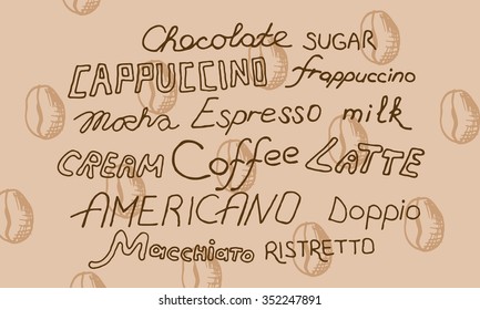 Coffee signs with coffee beans. Vector illustration. Hand drawn.