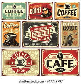 Coffee signs and labels collection. Retro and vintage coffee posters with various coffee cups and coffee beans. Vector illustration.