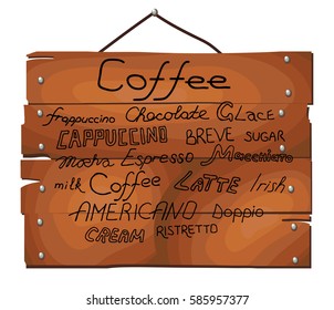 Coffee signs on wooden plank background. Vector illustration. Hand drawn.