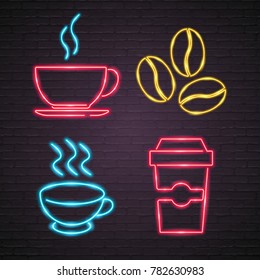 Coffee Signs Set. Neon Light Glowing Sign Vector Illustration, Bright Night Sign, Night Advertisement of Coffee