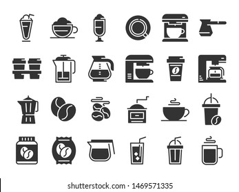 Symbole für Kaffeesalhouette. Heißgetränk, Kaffeemaschine und Bohnen. Café-Menü-Logotype, Espresso-Cappuccino oder latte Kaffeebrautpiktogramme Vektorillustration einzeln auf dem Set