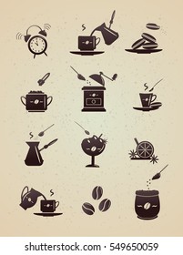 Coffee silhouettes icons. Design concept for cafeteria, coffee house