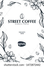 Coffee Sketch banner with coffee beans and leaves for poster or another template design