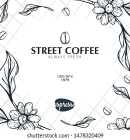 Coffee Sketch banner with coffee beans and leaves for poster or another template design