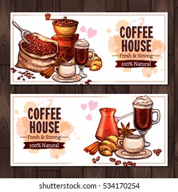 Coffee Sketch Collection. Design Of Horizontal Banners With Coffee Mill, Cup, Bag Of Coffee Beans, Croissant, Cinnamon In Hand Drawn Color Style