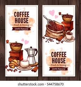 Coffee Sketch Collection. Design Of Vertical Banners With Coffee Mill, Cup, Bag Of Coffee Beans, Croissant, Cinnamon In Hand Drawn Color Style