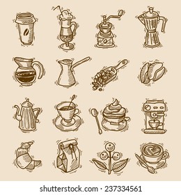 Coffee sketch icons set with coffee-bulb turk beans isolated vector illustration.