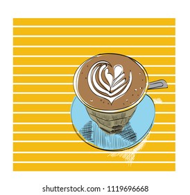 coffee sketch in modern style. colorful bright cafe illustration. flate white, latte cup drawing. card print. 