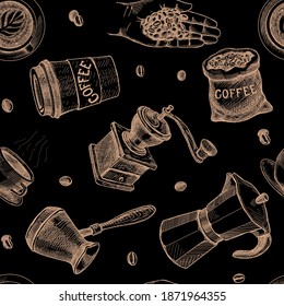 Dibujo de café sin fisuras. Diseño retro con tazas hechas a mano, hervidor, judías asadas, capuchino. Estilo de pizarra.