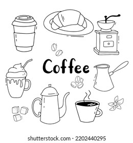 Kaffeekizze. Doodle-Kaffeetasse und Schilf. Vektorgrafik einzeln auf Weiß