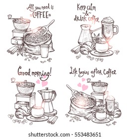 Coffee Sketch Set. Four Monochrome Coffee Still Lifes With Lettering In Hand Drawn Style