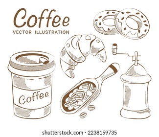 Coffee sketch set hand drawing vector takeaway coffee croissant