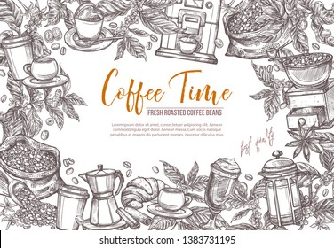 Coffee sketch vector background. Hand drawn detailed illustration for café menu with coffee tree and branches, cups, beans, mill