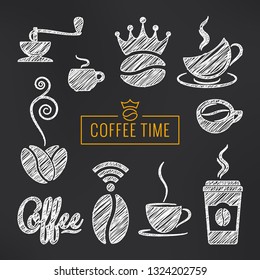Coffee sketch vector set. Coffee cups and beans hand drawn vector on black background