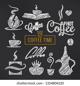 Coffee sketch vector set. Coffee cups and beans hand drawn vector on black background