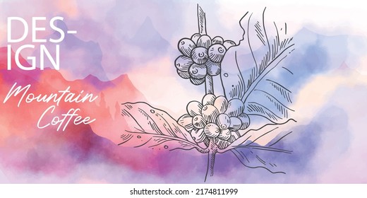 coffee sketch watercolour for banner, packaging design, and label sticker. background landscape watercolour for art print, book cover, banner advertising. vector coffee