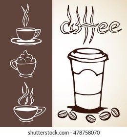 Coffee sketches set. Collection of hand drawn pictures with cups, mugs, beans and lettering. Can be used for menu design, banners, web etc. Vector eps8 illustration.