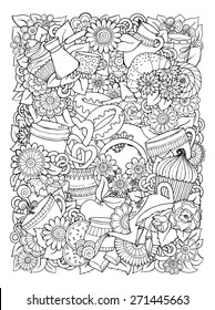 Coffee Sketchy Doodles. Hand-Drawn Vector Illustration. Coffee, Breakfast, Tea, Invite, Love Background. Coffee And Tea Design Template.