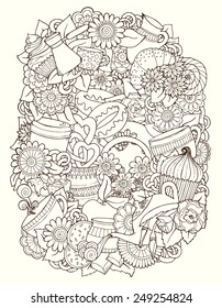 Coffee Sketchy Notebook Doodles. Hand-Drawn Vector Illustration. Coffee, Breakfast, Tea, Invite, Love Background. Coffee And Tea Design Template.