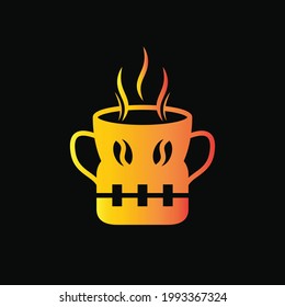 Coffee Skull Logo Concept. Skull, Mug and Coffee. Yellow and Orange. Gradient. Logo, Icon, Symbol and Sign. Black Background