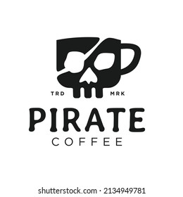 Coffee Skull Logo skeleton with mug design vintage black silhouette. Pirates Coffee logo with cup Stock Illustration