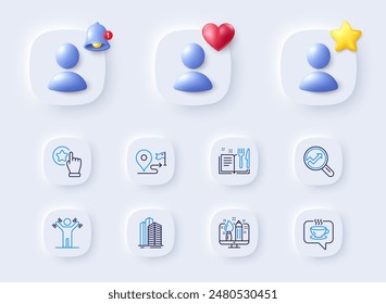 Iconos de la línea de Botón de Tarifa. Marcador de posición con campana 3d, estrella, corazón. Paquete de libro de recetas, viaje, mancuernas icono de entrenamiento. Diseño creativo, pictograma de Analytics. Vector