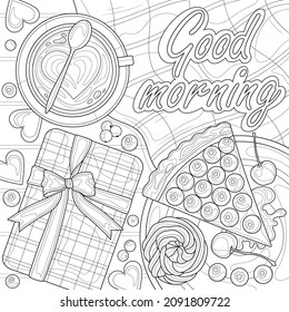 Coffee with a slice of cake. Breakfast and gift.Coloring book antistress for children and adults. Illustration isolated on white background.Zen-tangle style. Hand draw