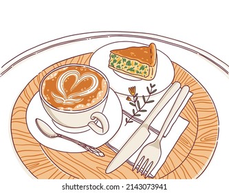 Coffee and slice of pie on the cafe table, vector illustration, isolated on white background