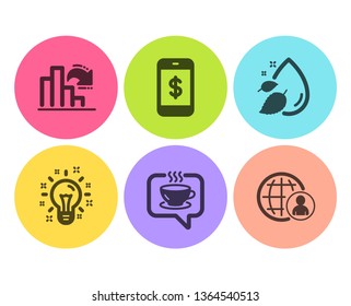 Coffee, Smartphone payment and Decreasing graph icons simple set. Water drop, Idea and International recruitment signs. Cafe, Mobile pay. Business set. Flat coffee icon. Circle button. Vector