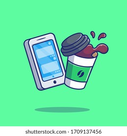 Ilustración De Icono Del Vector Coffee Y Smartphone. Concepto Tecnológico Aislado. Estilo de caricatura plano adecuado para Web Landing Page, banner, volante, adhesivo, tarjeta