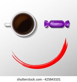 Coffee smile. Cup of coffee with violet candy and red lipstick trace. Abstract illustration.