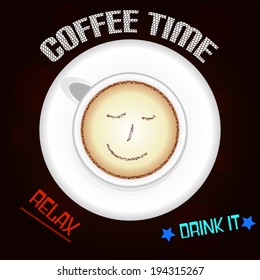Coffee With Smile on Brown Background and Text
