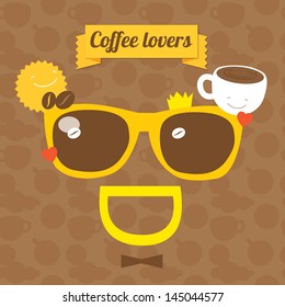 Coffee smile sunglasses. Coffee party Vector illustration. smiling background with coffee cups and mugs and sun