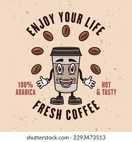 Coffee smiling paper cup vector colored emblem, badge, label or logo on light background