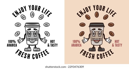 Coffee smiling paper cup vector emblem, badge, label or logo. Two styles monochrome and colored with removable textures