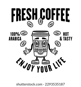 Café sonriente taza de papel vectorial monocromo emblema, placa, etiqueta o logotipo aislado en fondo blanco